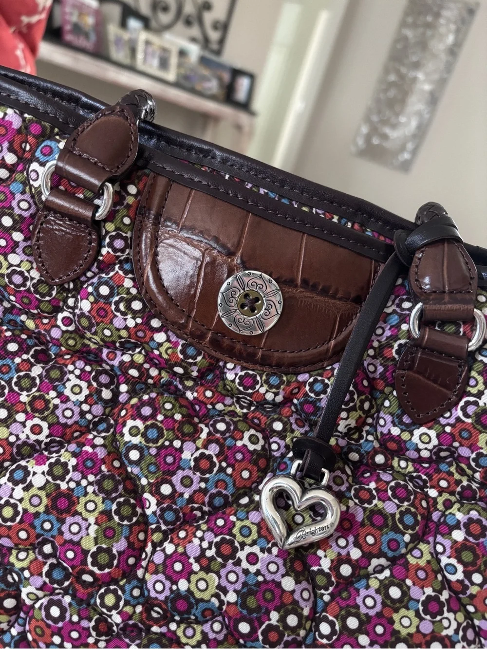 Brighton Heart to Heart Floral Quilted Calico tote Bag Leather Handles D773077